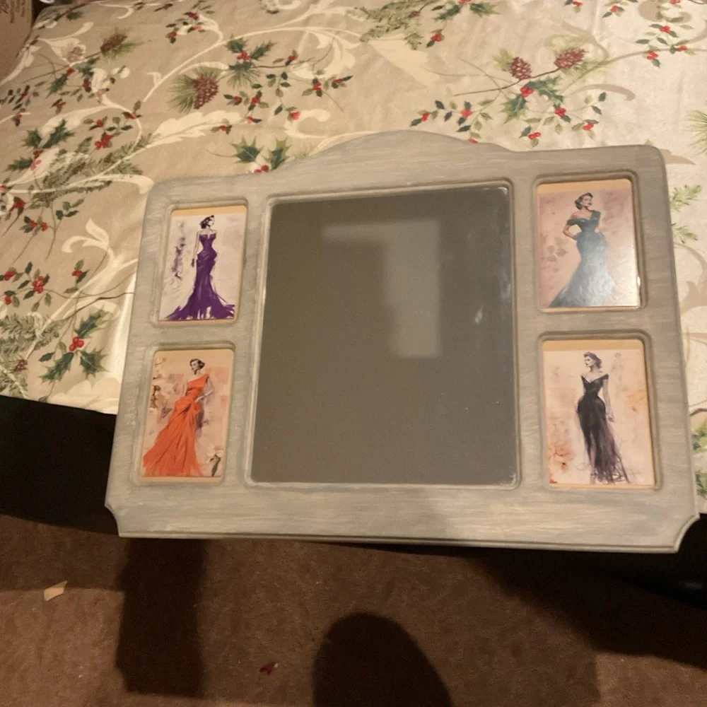 VINTAGE DISPLAY MIRROR WITH 1950’s BALL GOWN DRESSES. VANITY MIRROR.